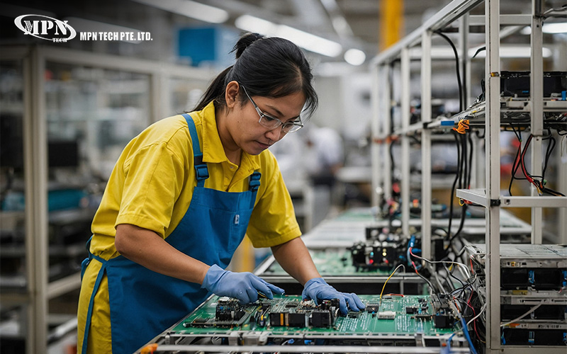 MPN Tech technician assembling a full production PCB batch.