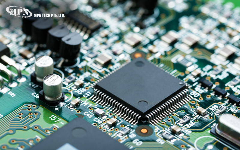 Close-up of circuit board components undergoing PCB quality control.