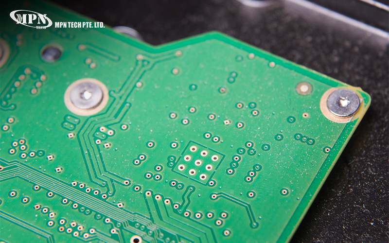 Close-up of a green PCB showing a smooth surface finish.