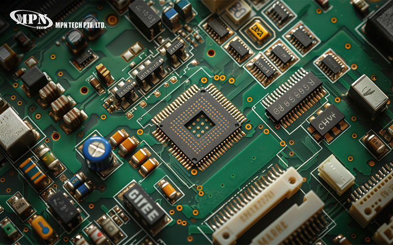 Close-up of components mounted on an MPN Tech circuit board.