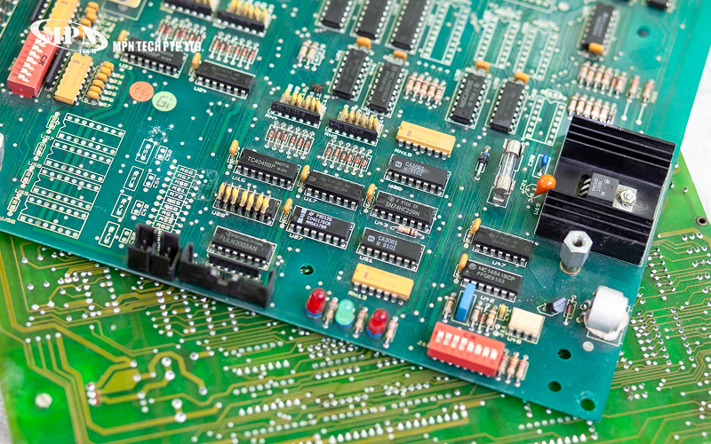 Close-up of industrial green printed circuit boards.