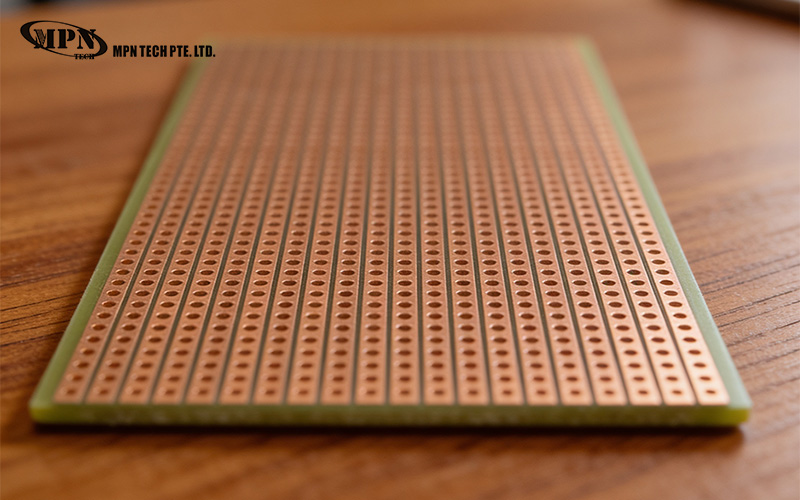 Close-up of an unpopulated copper stripboard prototype circuit board.