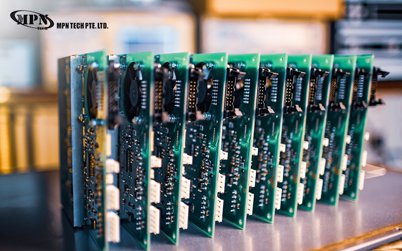 Row of completed MPN Tech custom prototype circuit boards.