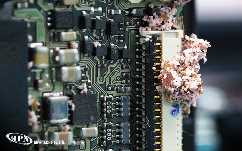 A macro view of an electronic circuit board showing significant pink crystalline corrosion or debris around a connector.