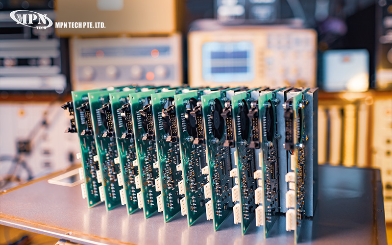 A row of green printed circuit boards (PCBs) lined up for inspection in a manufacturing facility.