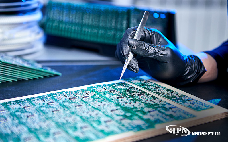 Technician inspecting PCB assembly following IPC standards