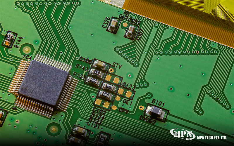 PCB with IC chip, labeled components, and green circuit traces.