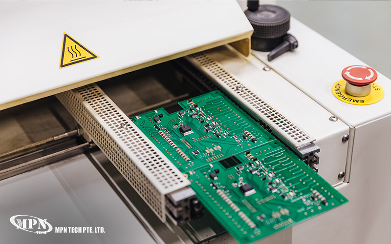 Circuit board in machine with warning sign and button