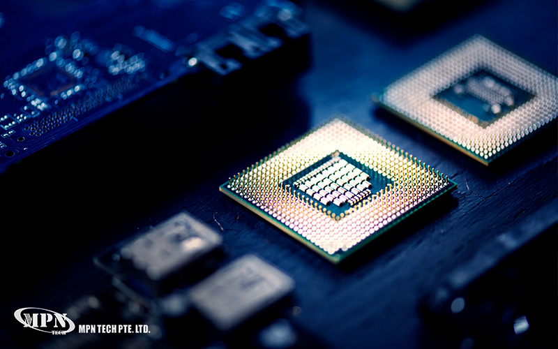 Close-up photo of microchips on a computer motherboard