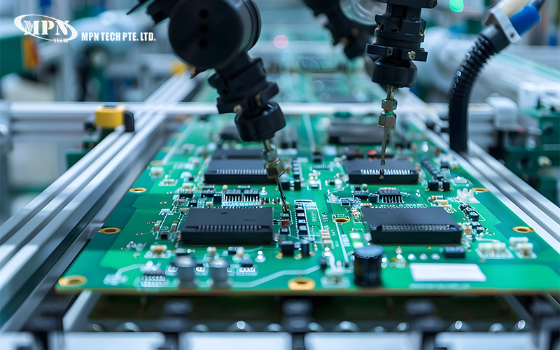 PCBA manufacturing process using robotic assembly arms and PCB.