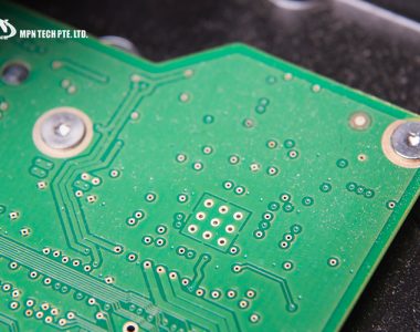 Close-up of a green PCB showing a smooth surface finish.