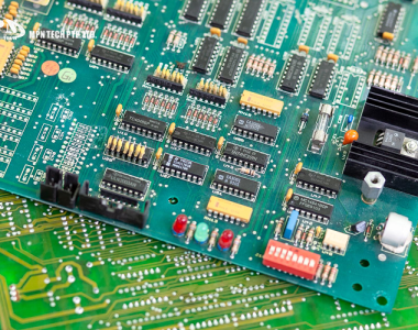 Close-up of industrial green printed circuit boards.