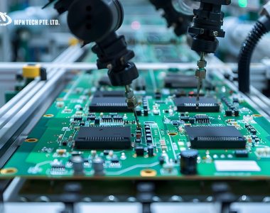 PCBA manufacturing process using robotic assembly arms and PCB.